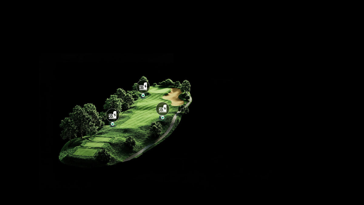 Plano aéreo de un campo de golf con varios puntos de carga