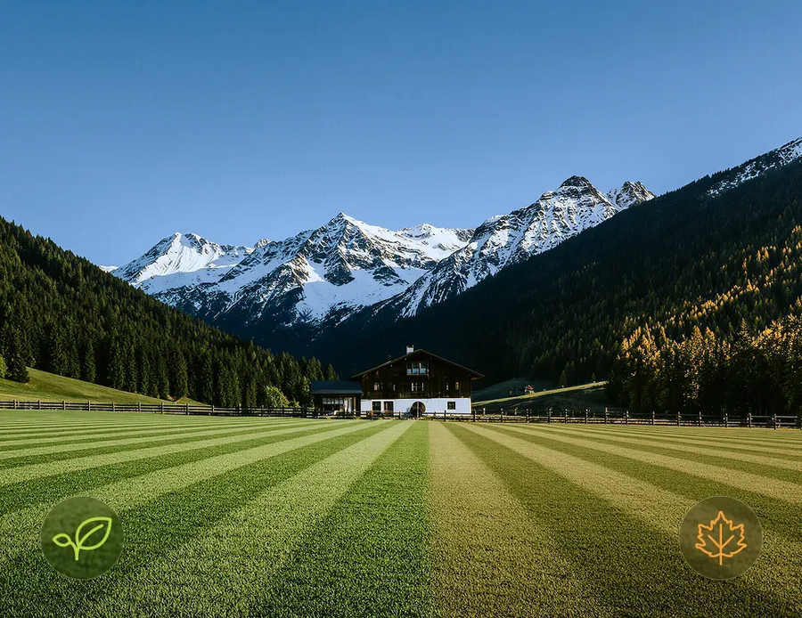 Un campo de césped a rayas con montañas al fondo